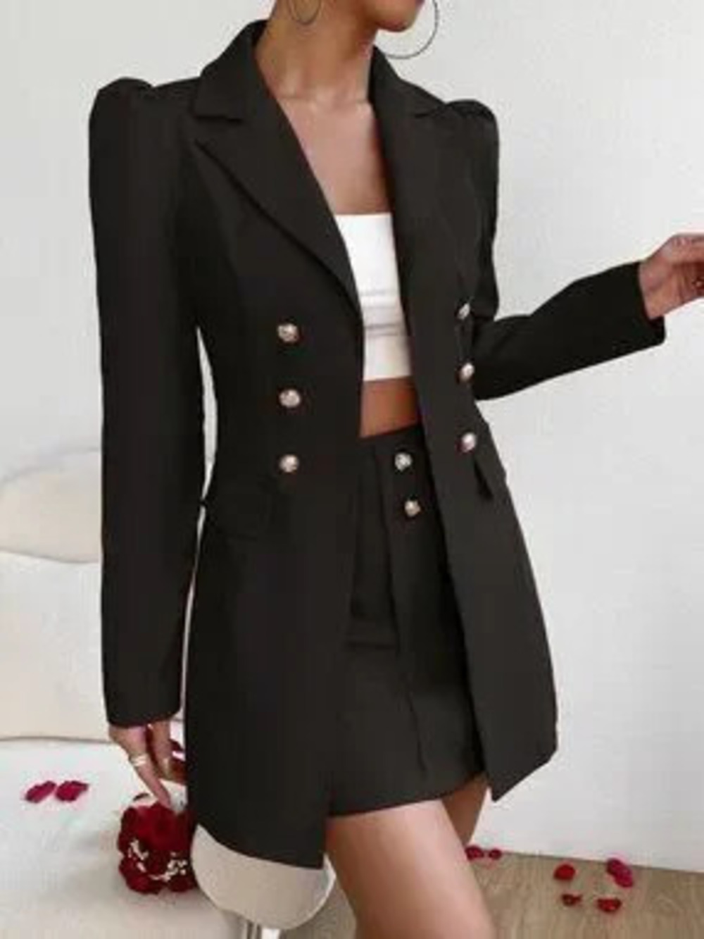 ZARA Black Elegant Women's Double Breasted Flap Detail Blazer & Skirt